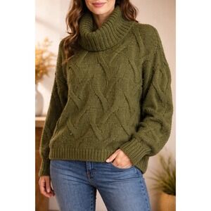 Madewell Olive Cable Knit Sweater Women L Cowl Neck Chunky Oversized Cozy